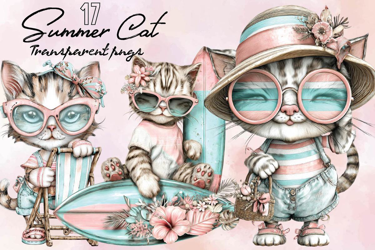 Whimsical Summer Cat Clipart, an Animal Illustration by SVGArt (Photo 1 of 9)