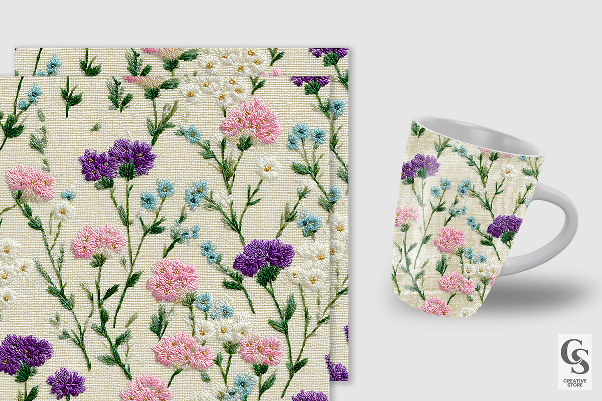 Wildflowers Embroidery Digital Paper, a Pattern Graphic by Creative Store (Photo 2 of 5)