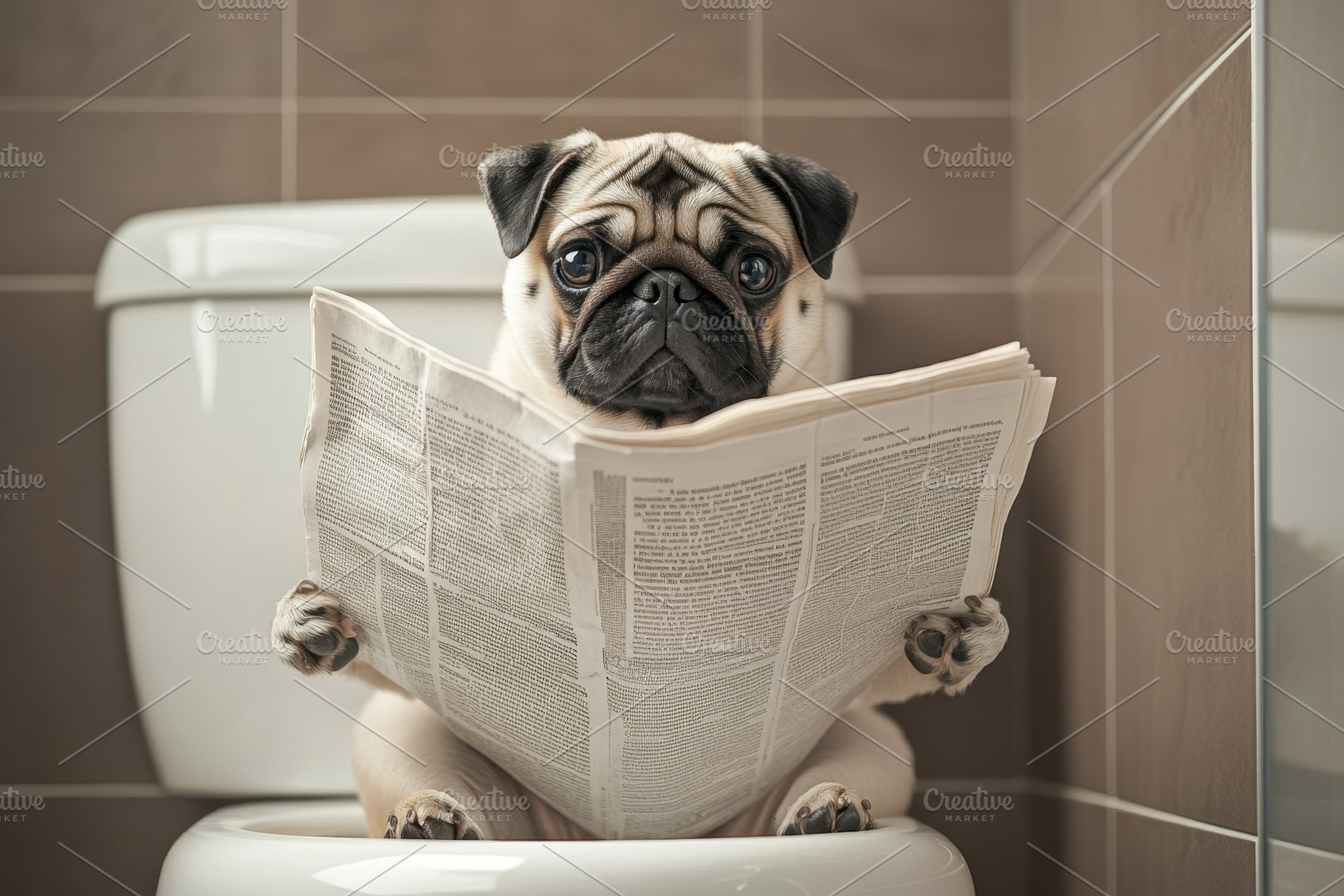 Pug sitting on toilet reading newspa, a Photo by Iftikhar Alam