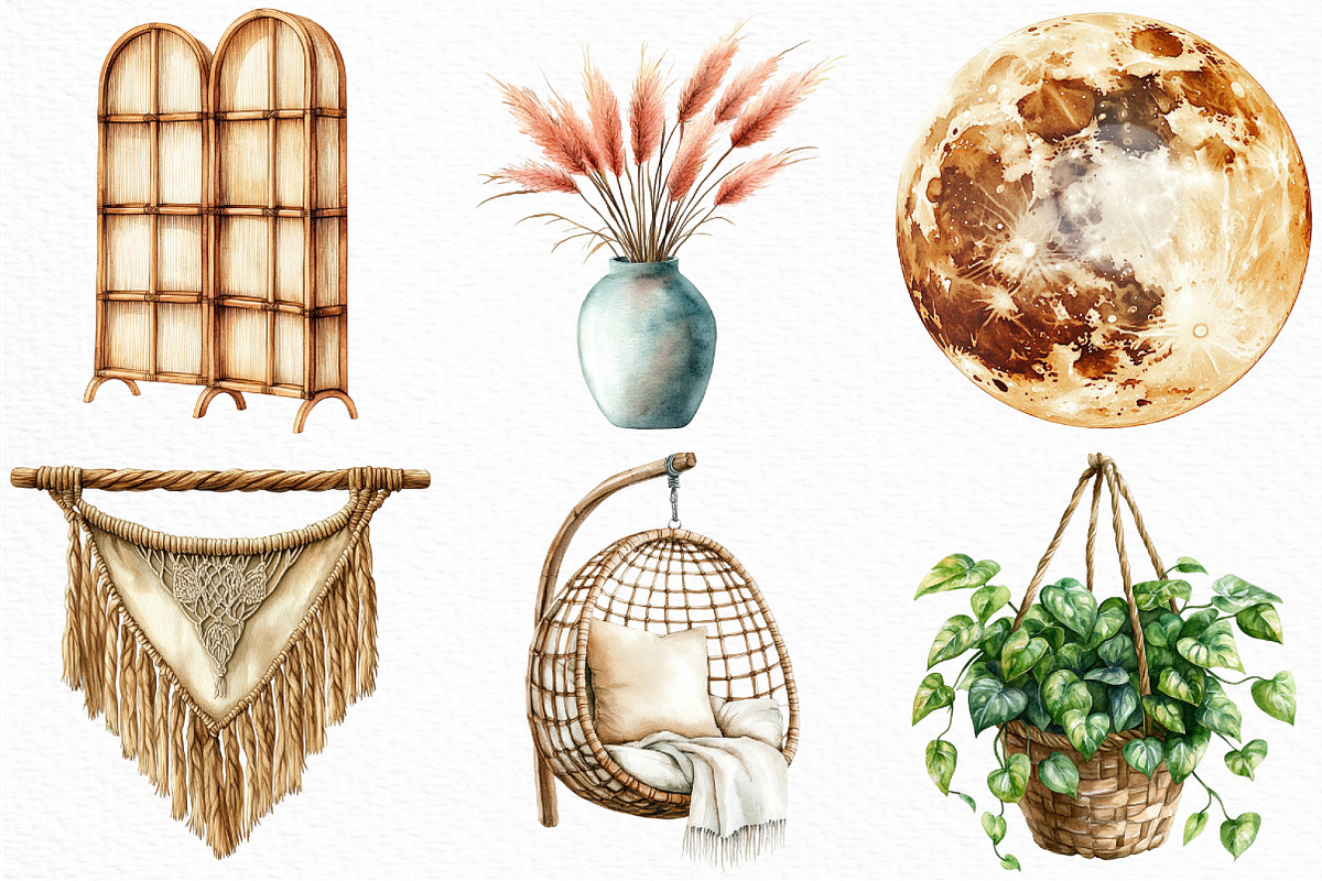 Watercolor Boho Interior Clipart, an Illustration by Craft Nest (Photo 4 of 6)