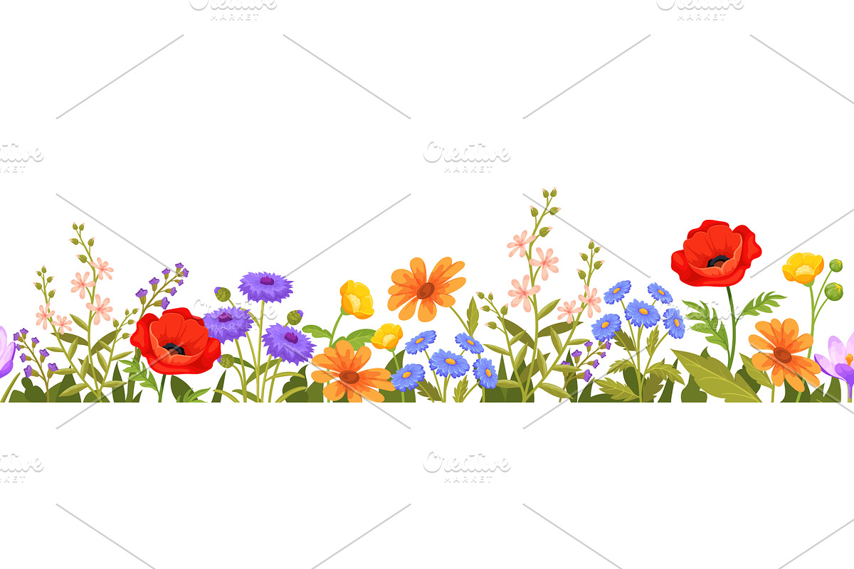 Cartoon wildflowers border. Spring, an Object Illustration by Stock-Smart-Start