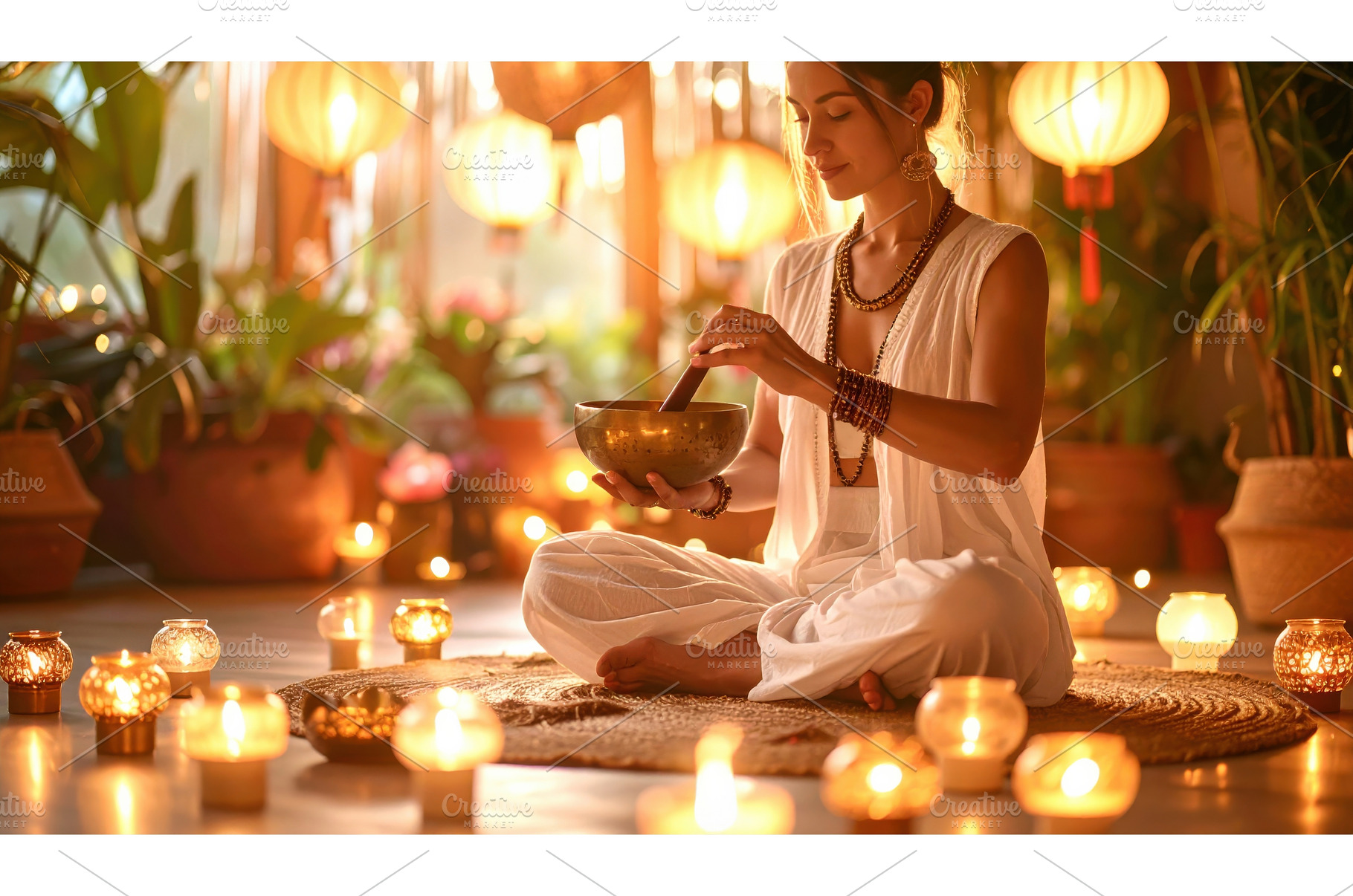 Woman meditating with singing bowl, an Architecture Photo by Igor Tichonow