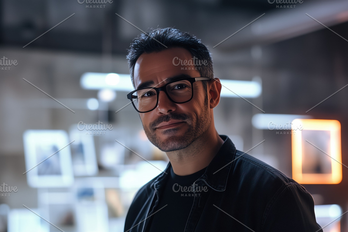 A man with glasses holding a tablet in a modern office setting, with blurred ba, a Texture Graphic by Textures & Backgrounds