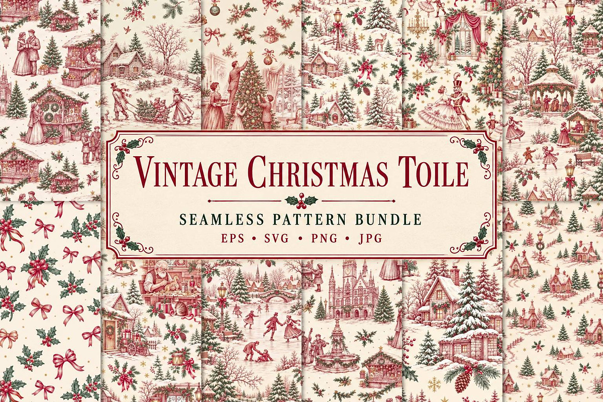 Vintage Holiday Toile Pattern Bundle, a Pattern Graphic by Olya Creative (Photo 1 of 31)