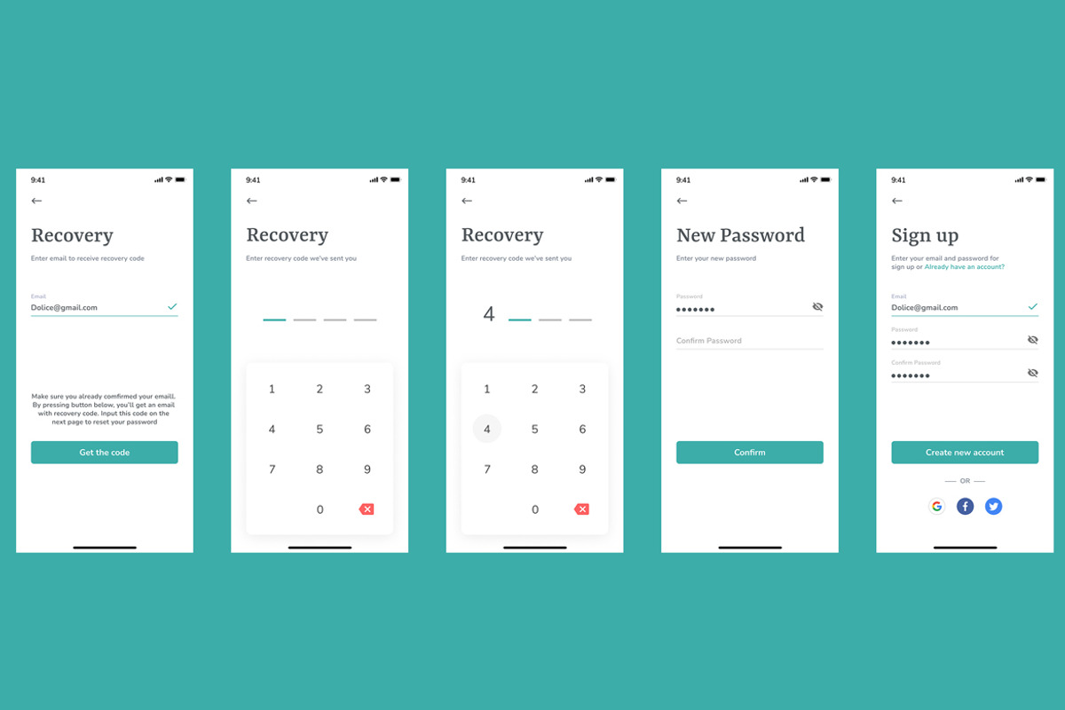 Sign up, Forgot Password & recovery Screens App UI