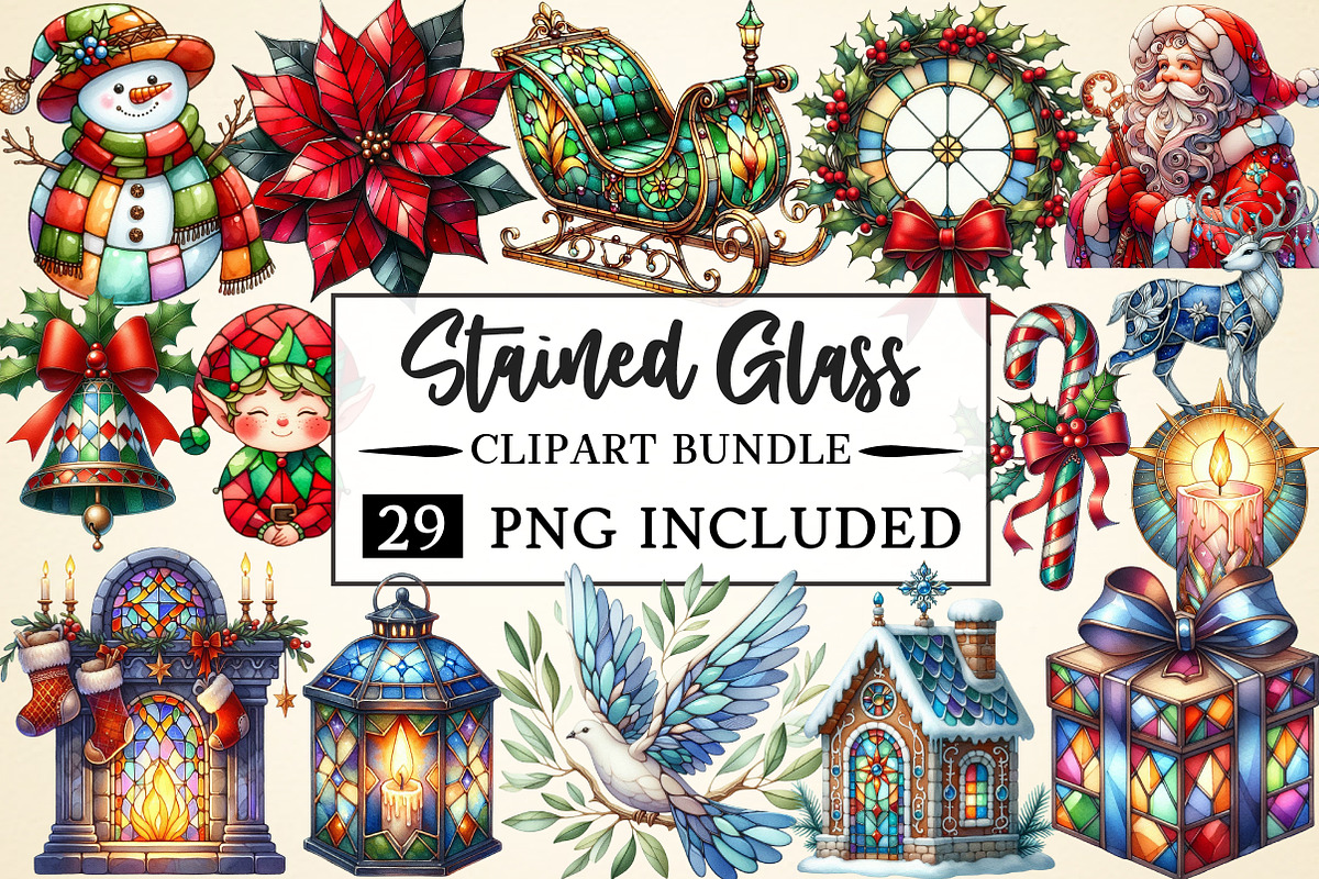 Christmas Stained Glass Clipart, a Seasonal Illustration by Daily.Designs