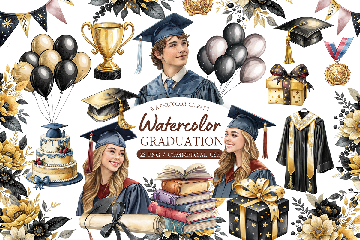 Watercolor Graduation Clipart Bundle, an Illustration by MockupWizard (Photo 1 of 5)
