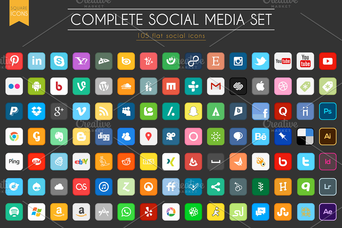 210 Social Flat Icons, a Branding & Logo Template by Jack Gosbell (Photo 3 of 4)