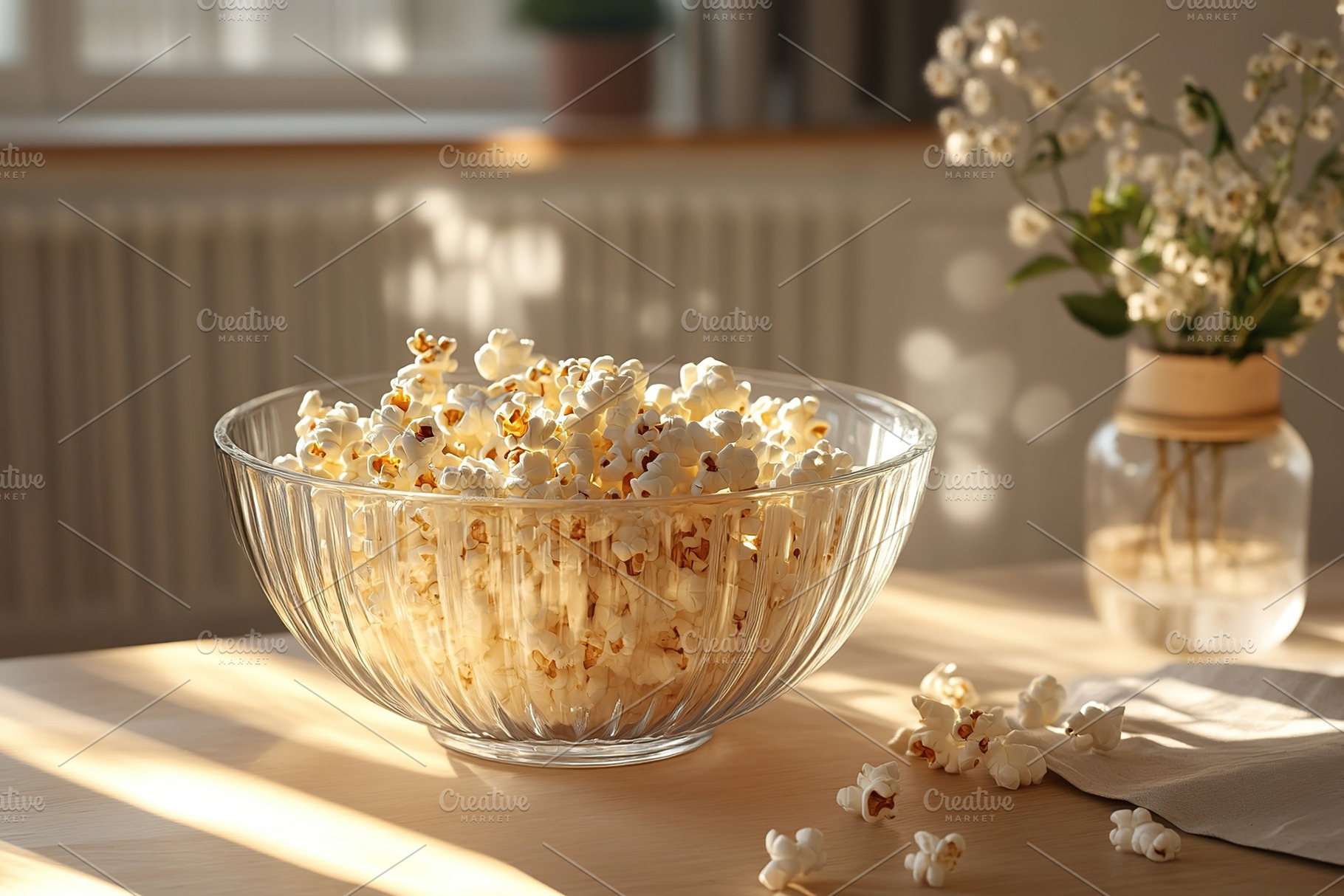 Freshly popped popcorn in a clear bowl placed on a kitchen table with natural l, a Food & Drink Photo by AlyaAnd