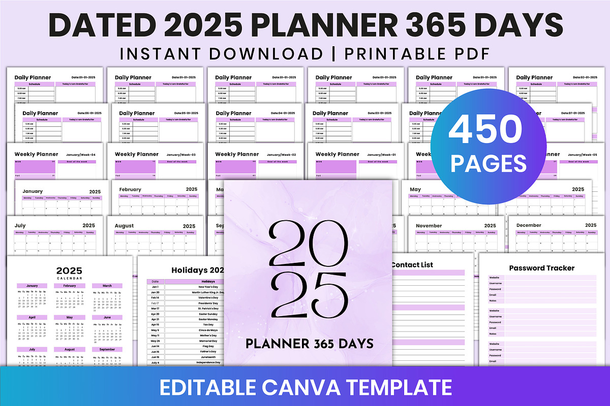 Dated 2025 Planner 365 Days Canva, a Stationery Template by Shumaya (Photo 1 of 4)