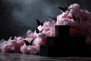 Black butterflies among pink clouds, a Photo by Beautiful things