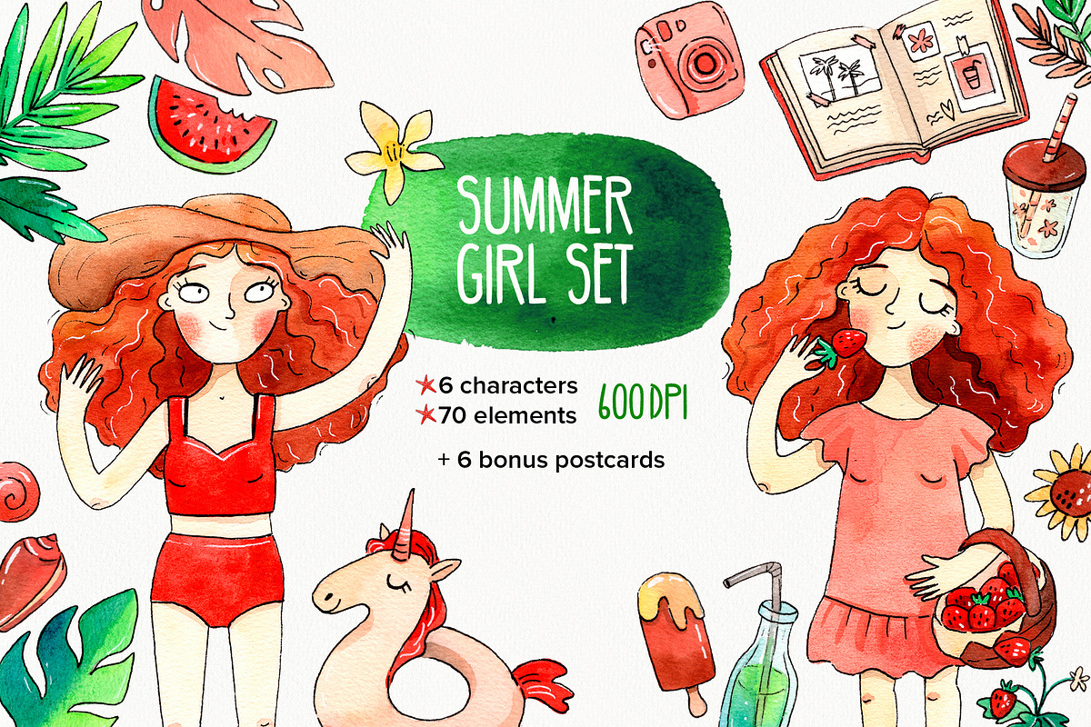 Summer Girl watercolor clipart set, a Decorative Illustration by Ekaterina Goncharova (Photo 1 of 3)