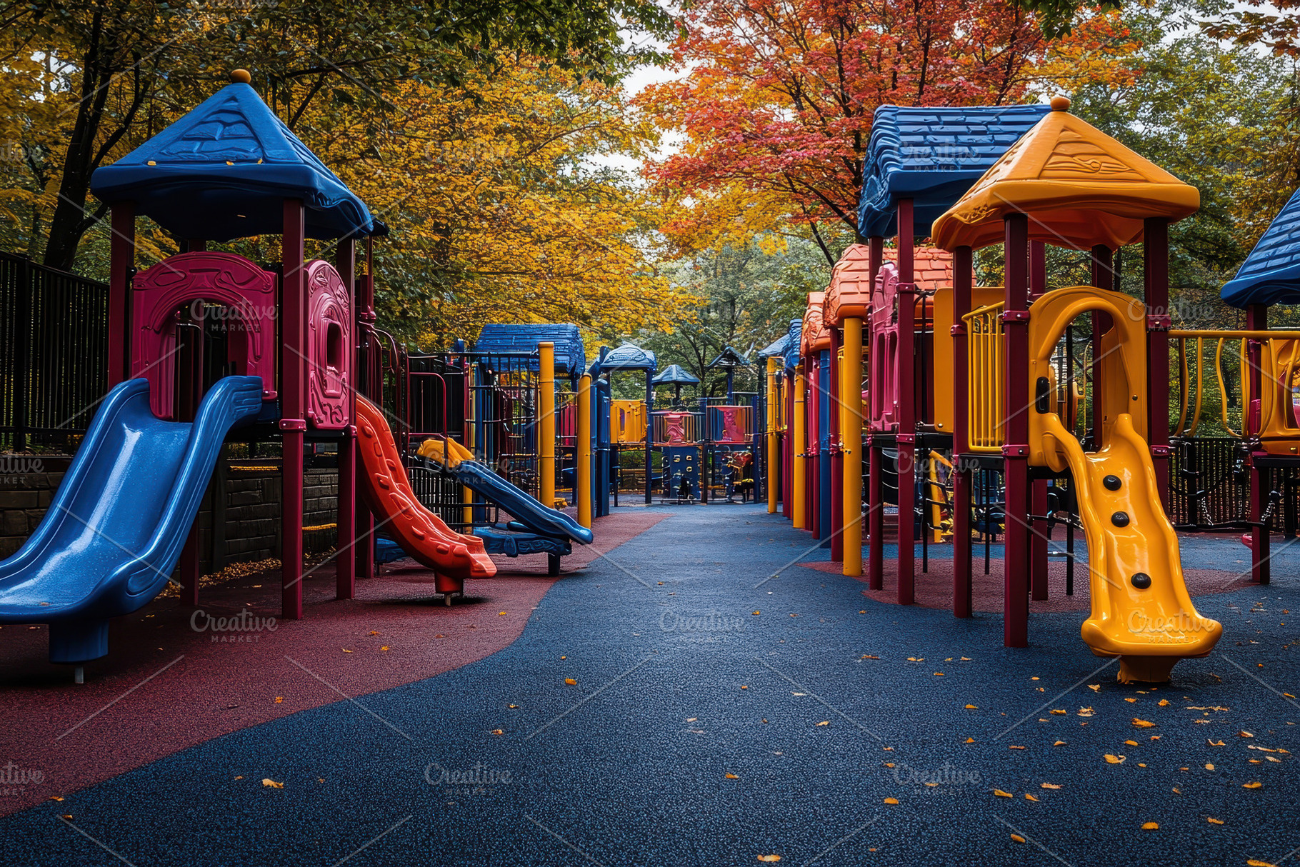 Colorful playground with slides and, a Photo by Tanuart