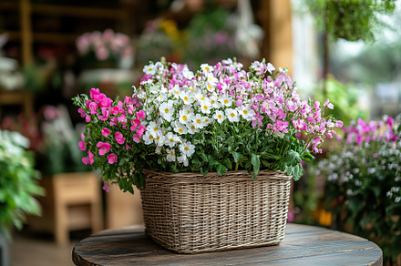 Different spring flowers in wicker basket, a Nature Photo by AlyaAnd