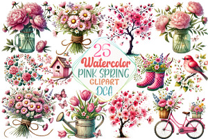 Pink Spring Clipart, an Illustration by DreamCafeArt