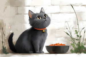 Cute black kitten gazing up beside a, a Photo by Tanuart