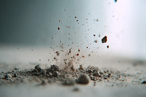 Dust particles scatter in the air after a sudden impact on a concrete surface, a Photo by AlyaAnd