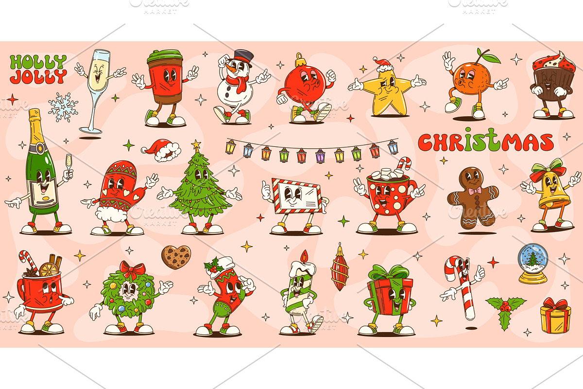 Cartoon groovy Christmas characters, a Seasonal Illustration by Vector Tradition