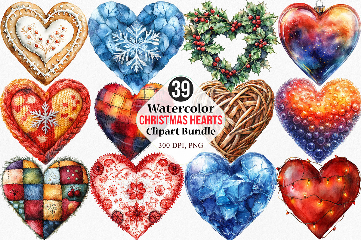 Watercolor Christmas Hearts Clipart, an Illustration by Canvas Craft (Photo 1 of 8)