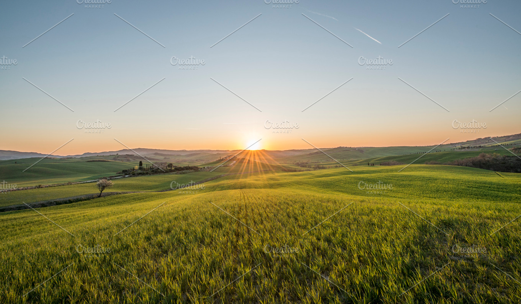 Sunset over idyllic tuscany meadows stock photo containing tuscan and tuscany, a Nature Photo by PremiumCoding