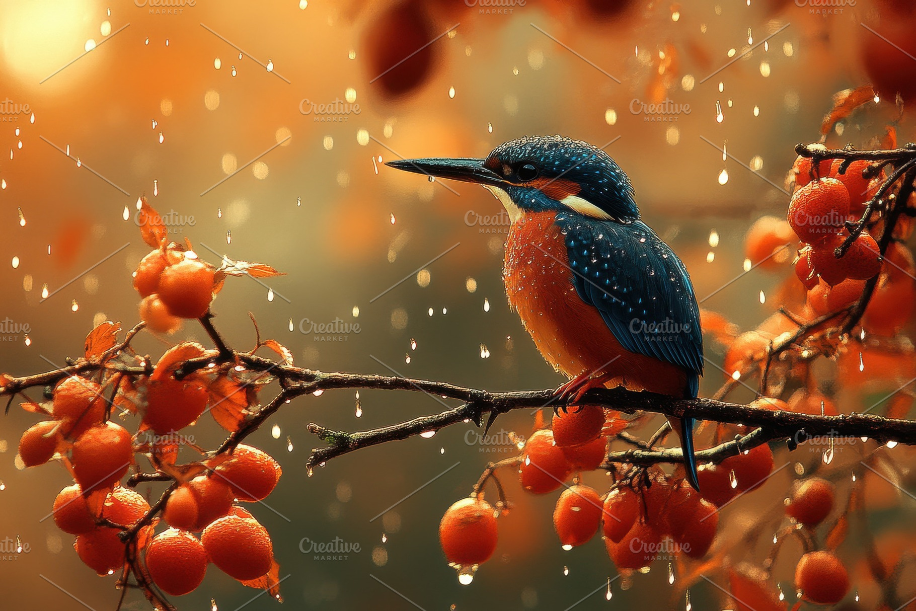 Colorful kingfisher perched on a bra, a Photo by Tanuart