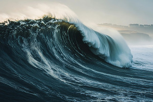 Majestic ocean waves crash powerfully against the shore during a cloudy day, a Nature Photo by AlyaAnd
