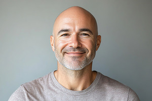 Portrait of middle age bald man on grey background, a Person Photo by AlyaAnd