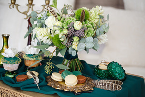 Table setting at a luxury wedding featuring event, floral, and buffet