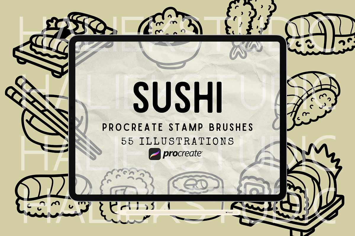55 Sushi Doodles Procreate Stamps, a Brushes & More by HalieKStudio (Photo 1 of 9)