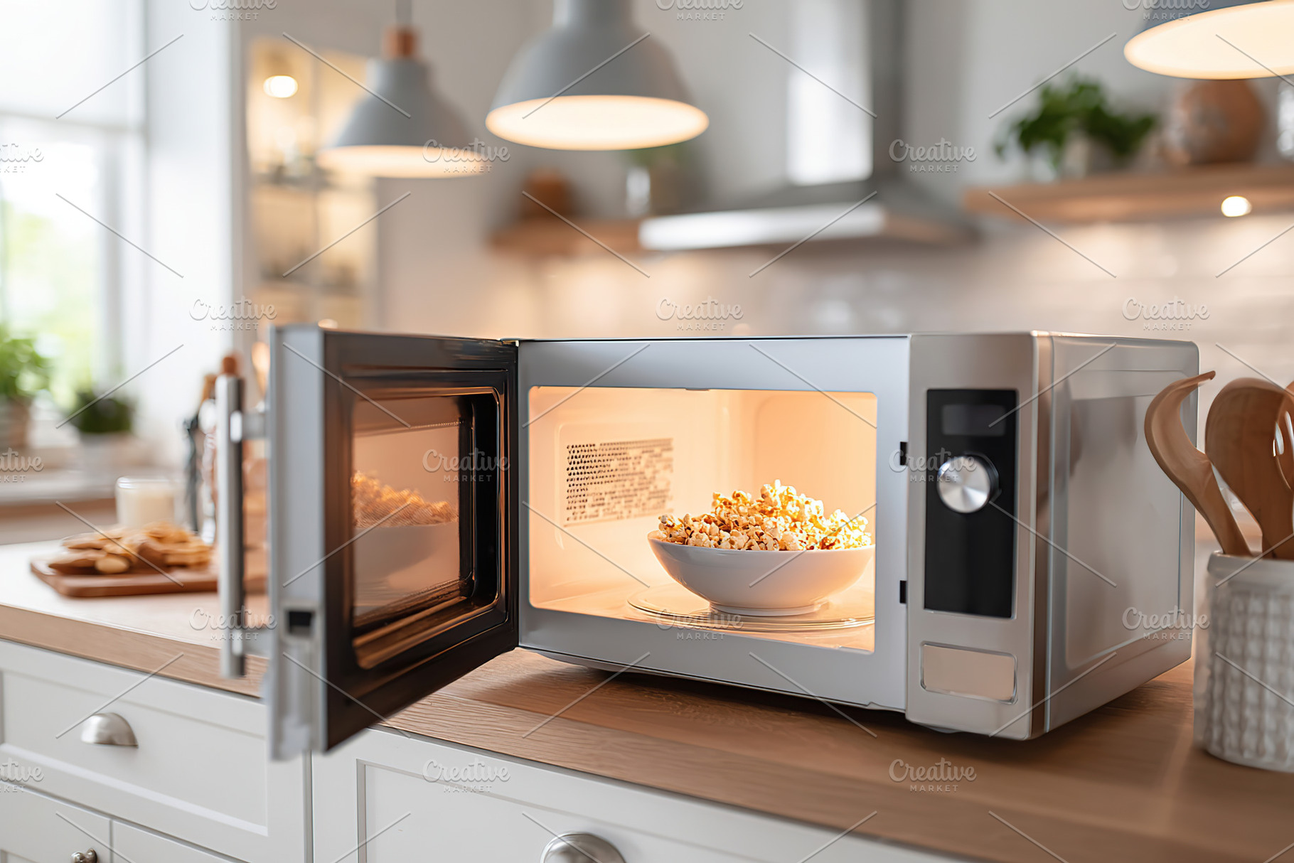 Popcorn is cooking in a microwave in a bright modern kitchen setting during the, a Food & Drink Photo by AlyaAnd
