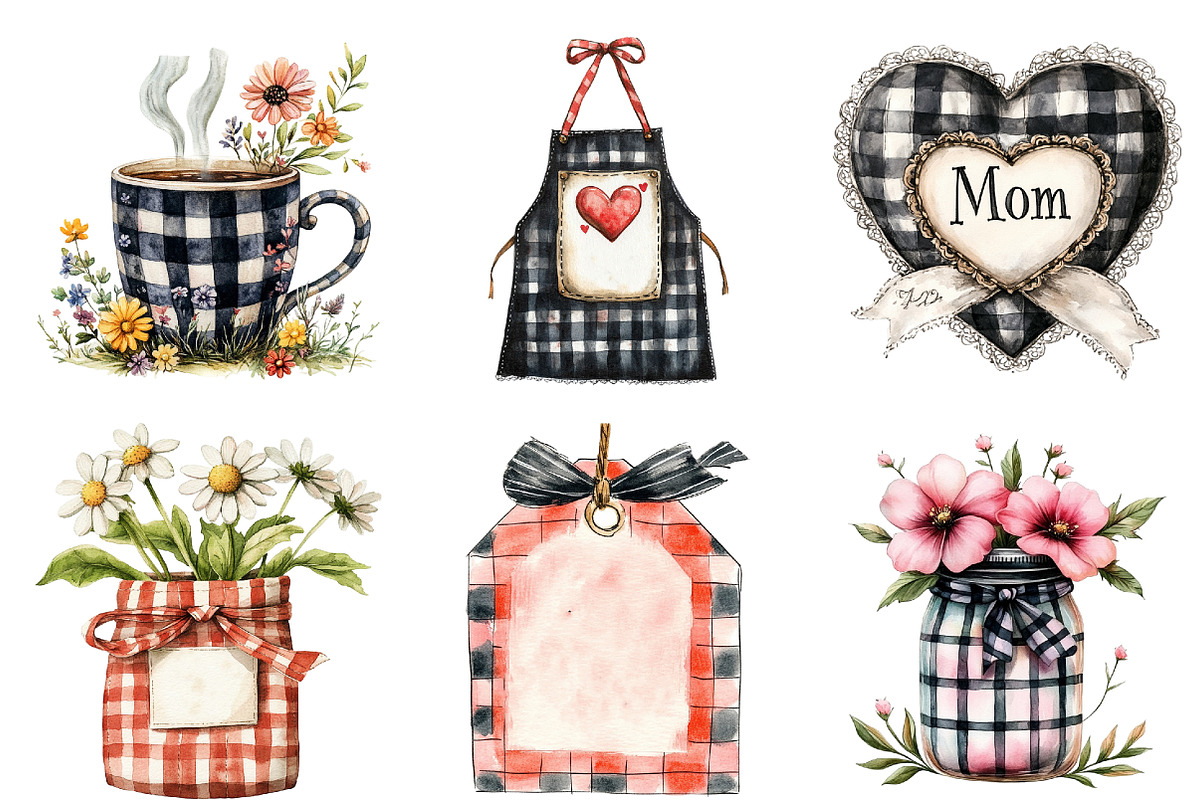 Black Gingham Mother's Day Clipart, an Illustration by Watercolor design (Photo 3 of 5)