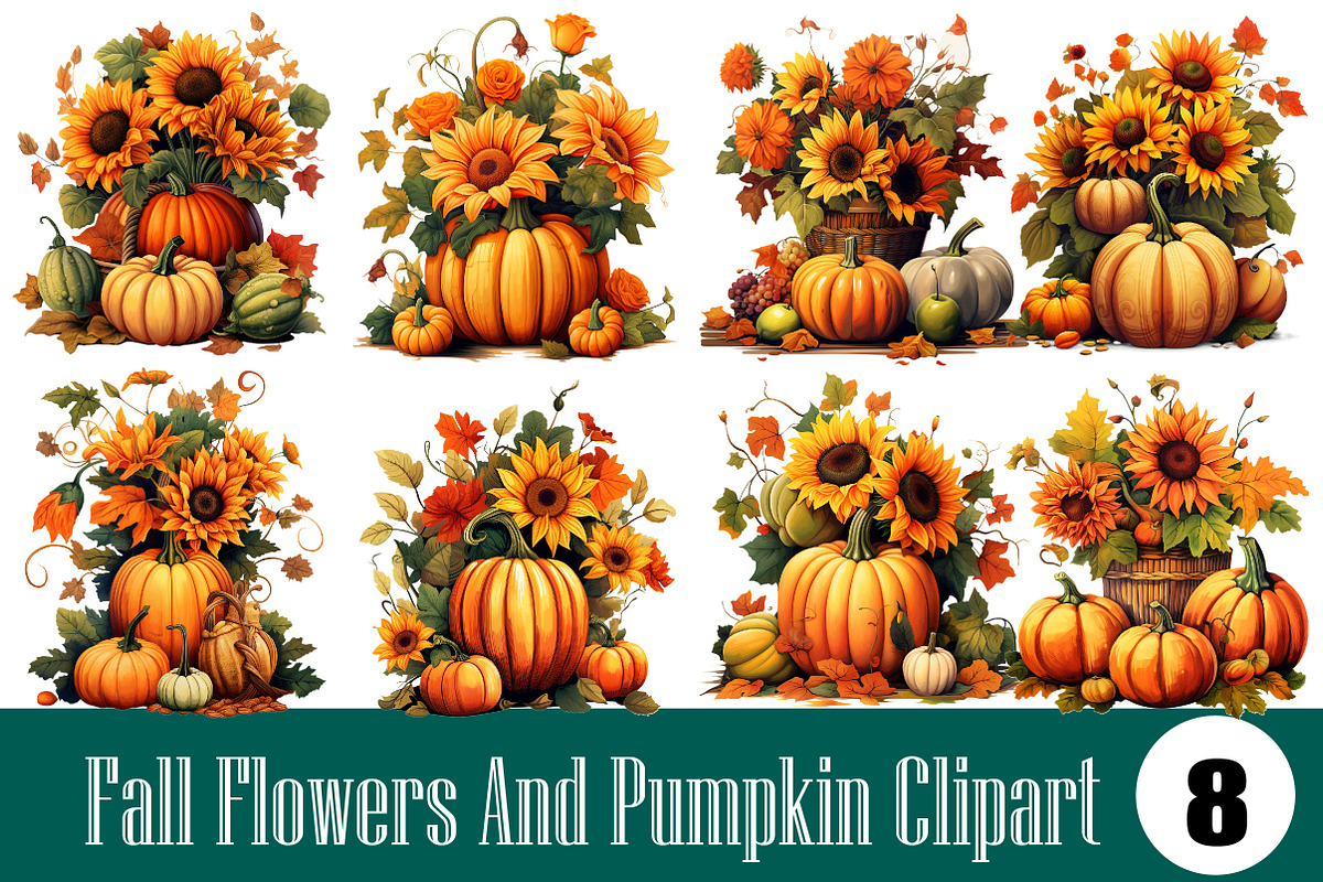 Fall Flowers And Pumpkin Clipart, an Illustration by Wow Magic
