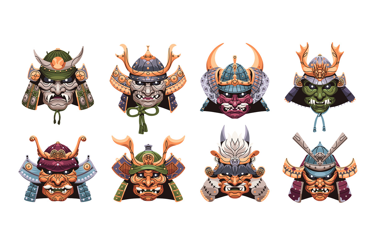 Samurai helmets, Japanese masks set, an Object Illustration by PaperTrident (Photo 1 of 9)