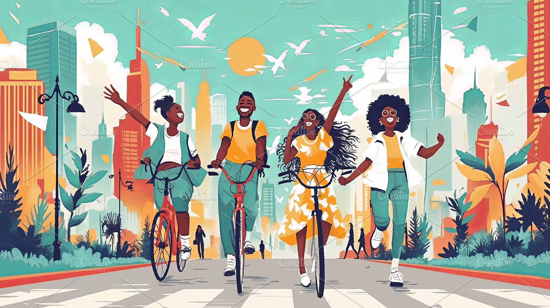 Group of friends biking and enjoying a sunny day in the city, a Photo by AS photostudio