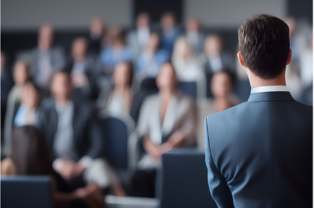 Public speaker giving speech at, a Business Photo by ArtOfPhotos photo store