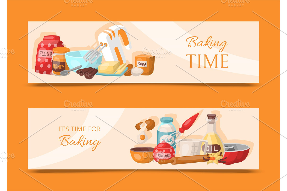 Baking time set of banners. Kitchen, a Food Illustration by VectorsBang