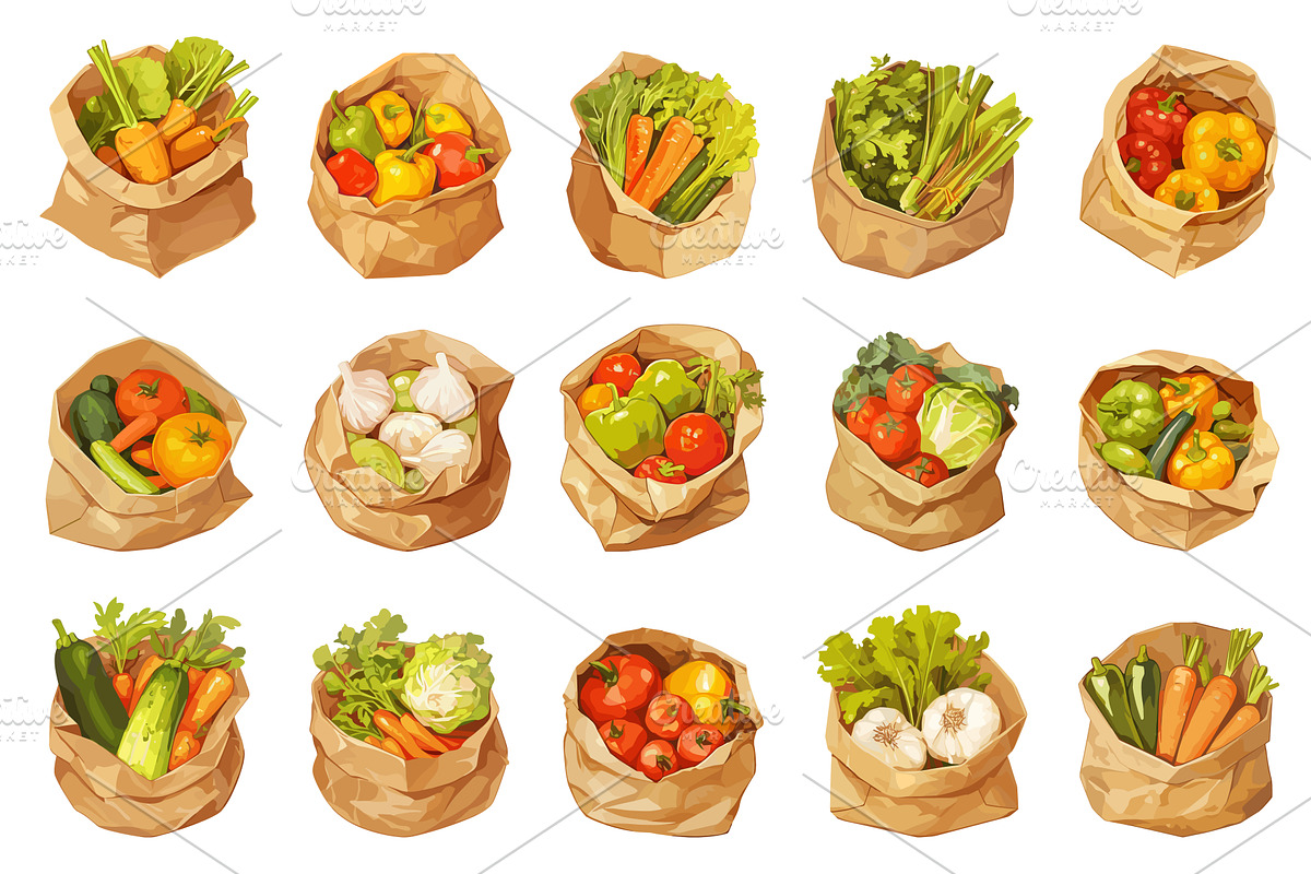 Set of cartoon bags with various, a Food Illustration by LadadikArt