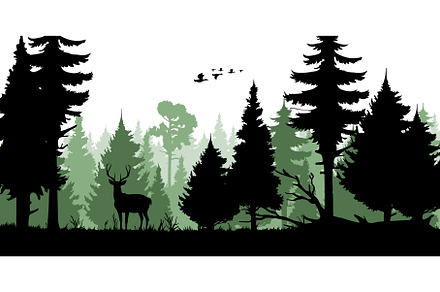 Forest trees silhouettes, deer, an Illustration by Vector Tradition