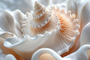 A stunning close-up of an intricate seashell nestled in soft, flowing white fab, a Background Photo by ImageMir