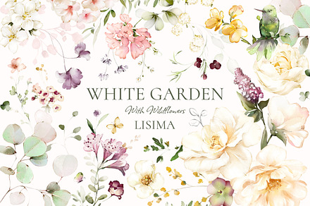 White roses & wildflowers floral set