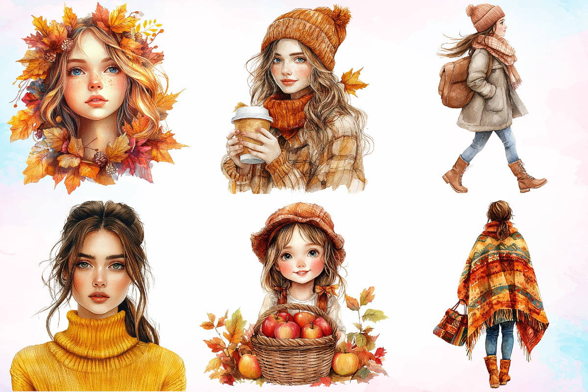 Watercolor Autumn Girl Clipart PNG, a Seasonal Illustration by Canvas Craft (Photo 4 of 4)