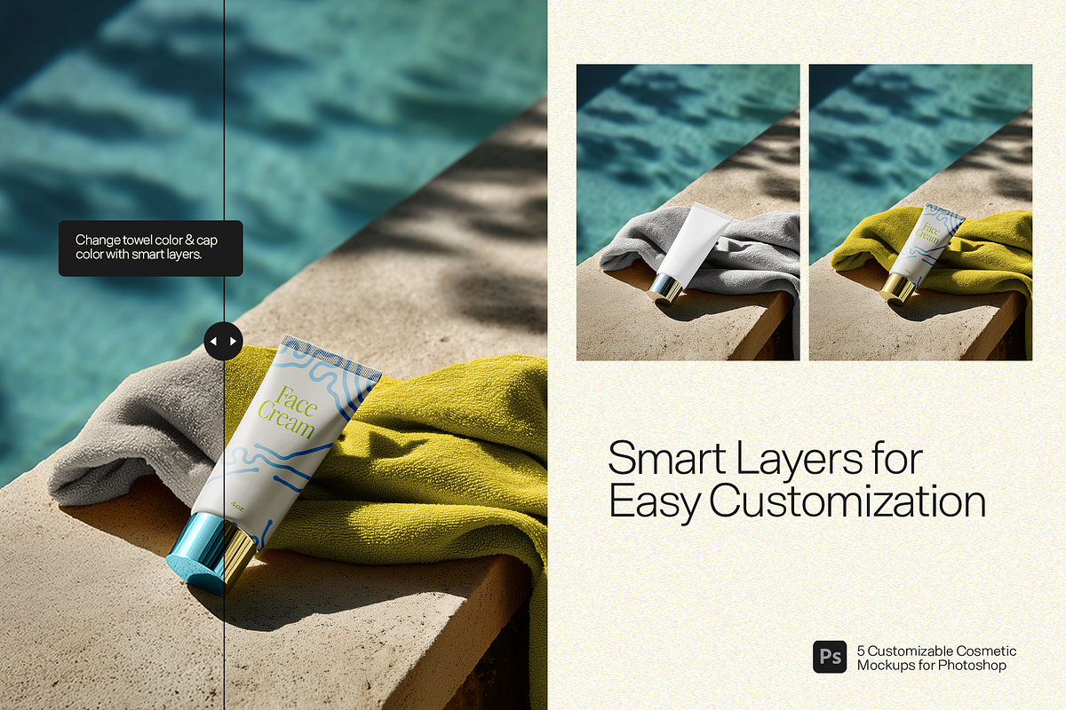 5 Poolside Cosmetic Bottle Mockups, a Packaging Mockup by Frills Images (Photo 3 of 7)