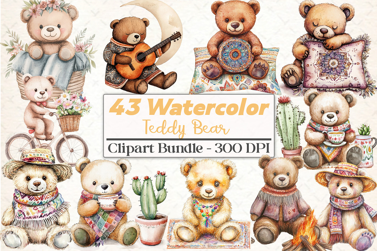 Teddy Bear Boho Clipart, an Illustration by DreamCafeArt (Photo 1 of 5)