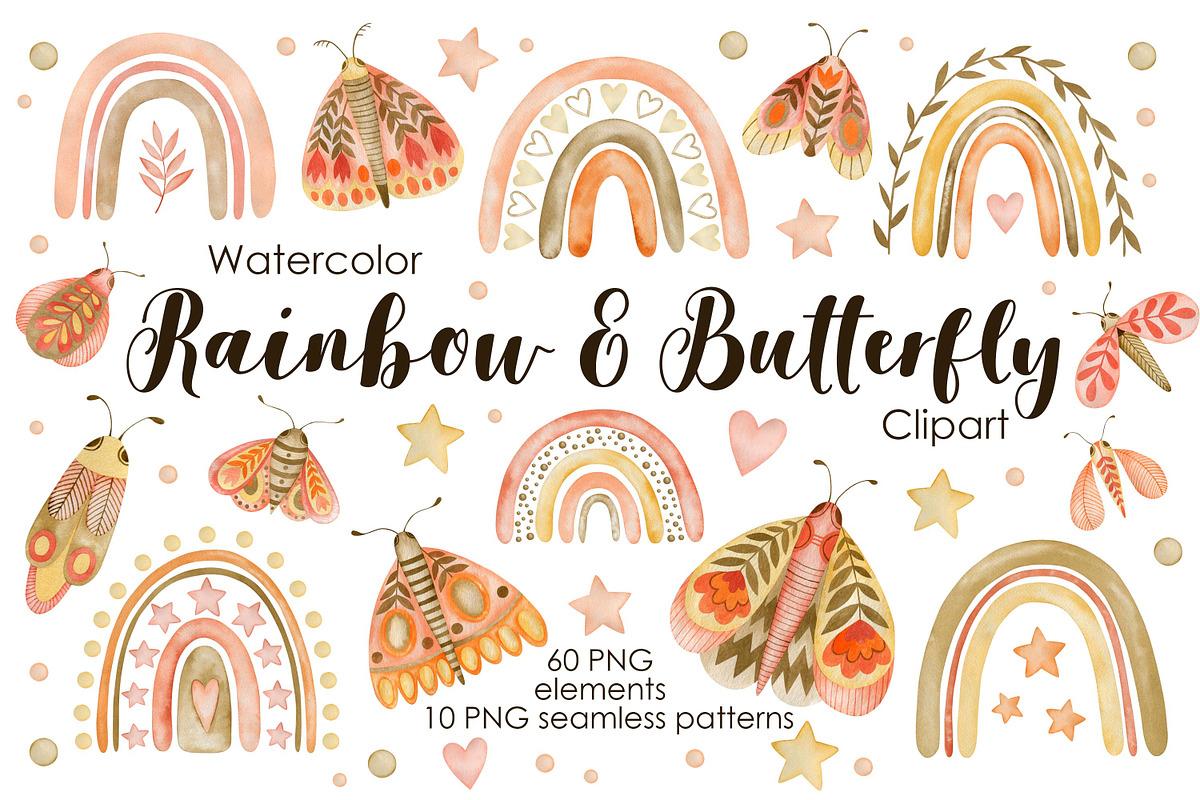 Watercolor Boho rainbow & butterfly, a Decorative Illustration by Kira Konoshenko (Photo 1 of 16)