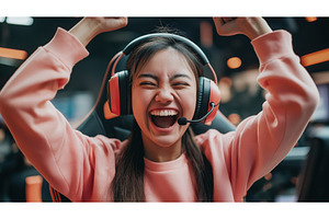 Asian female gamer celebrating, a Person Photo by Sergey Kotenev