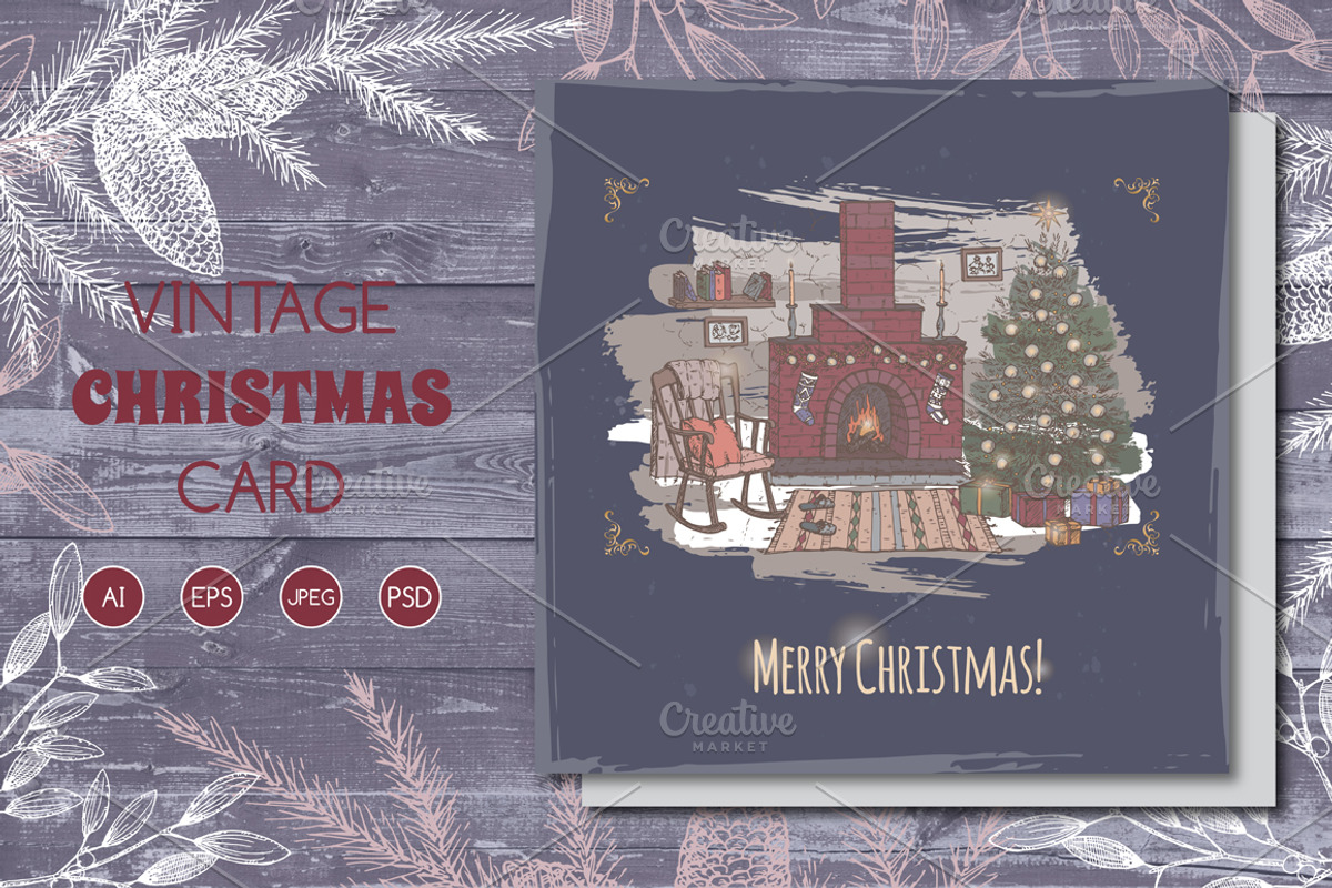 Christmas card with fireplace, a Card Template by Quetzal Art (Photo 1 of 3)