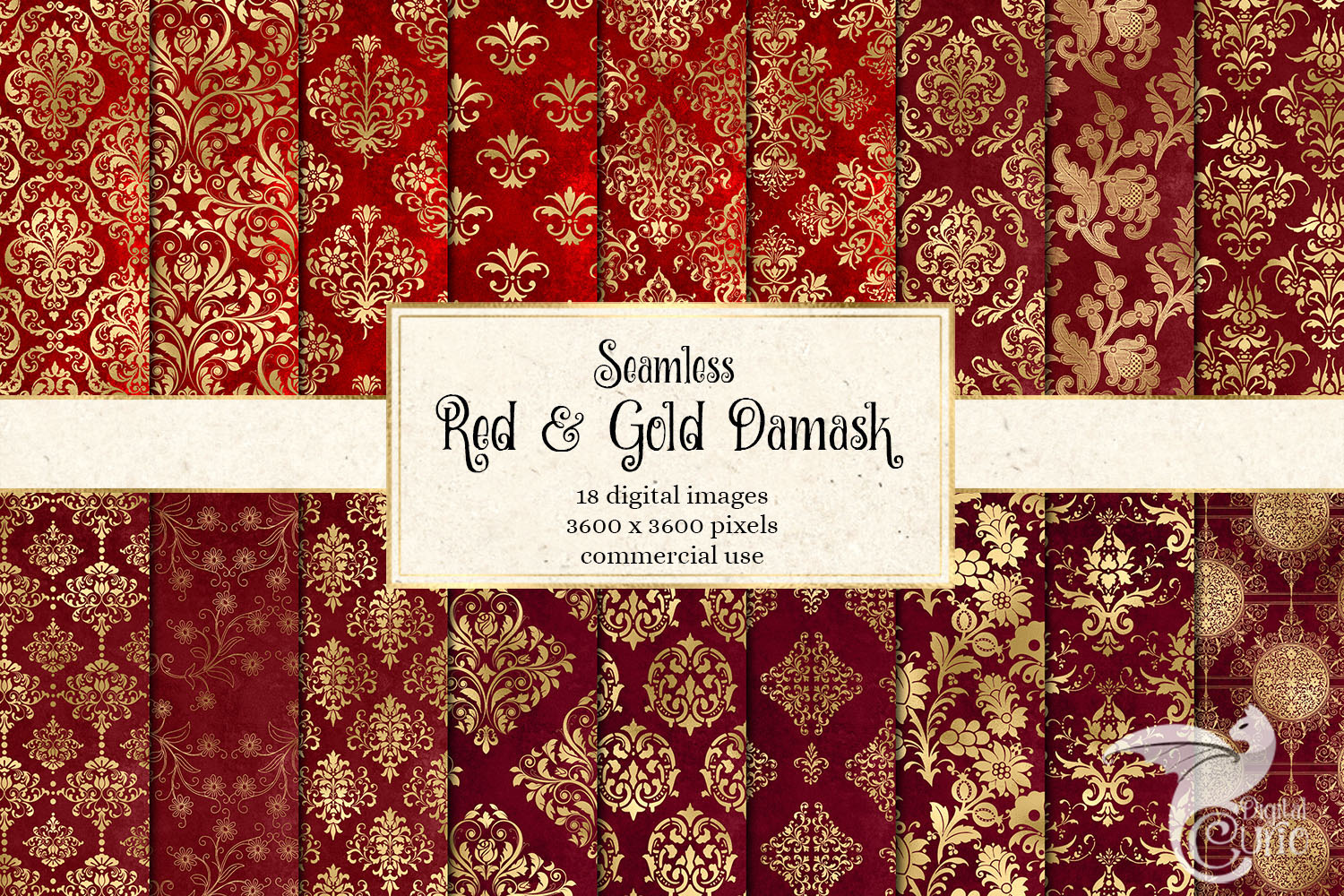 Red & Gold Damask Digital Paper, a Pattern Graphic by Digital Curio