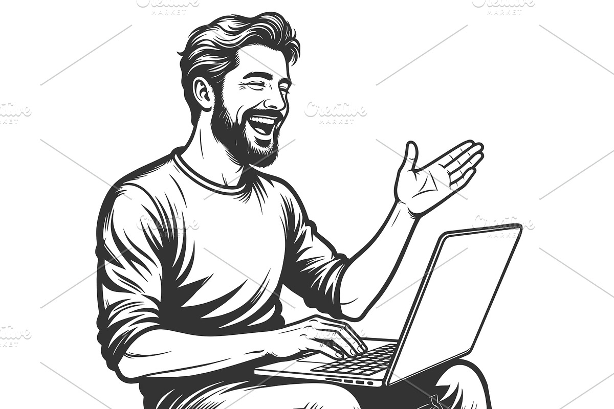 Happy Man Laughing While Using, a Person Illustration by AlexArt