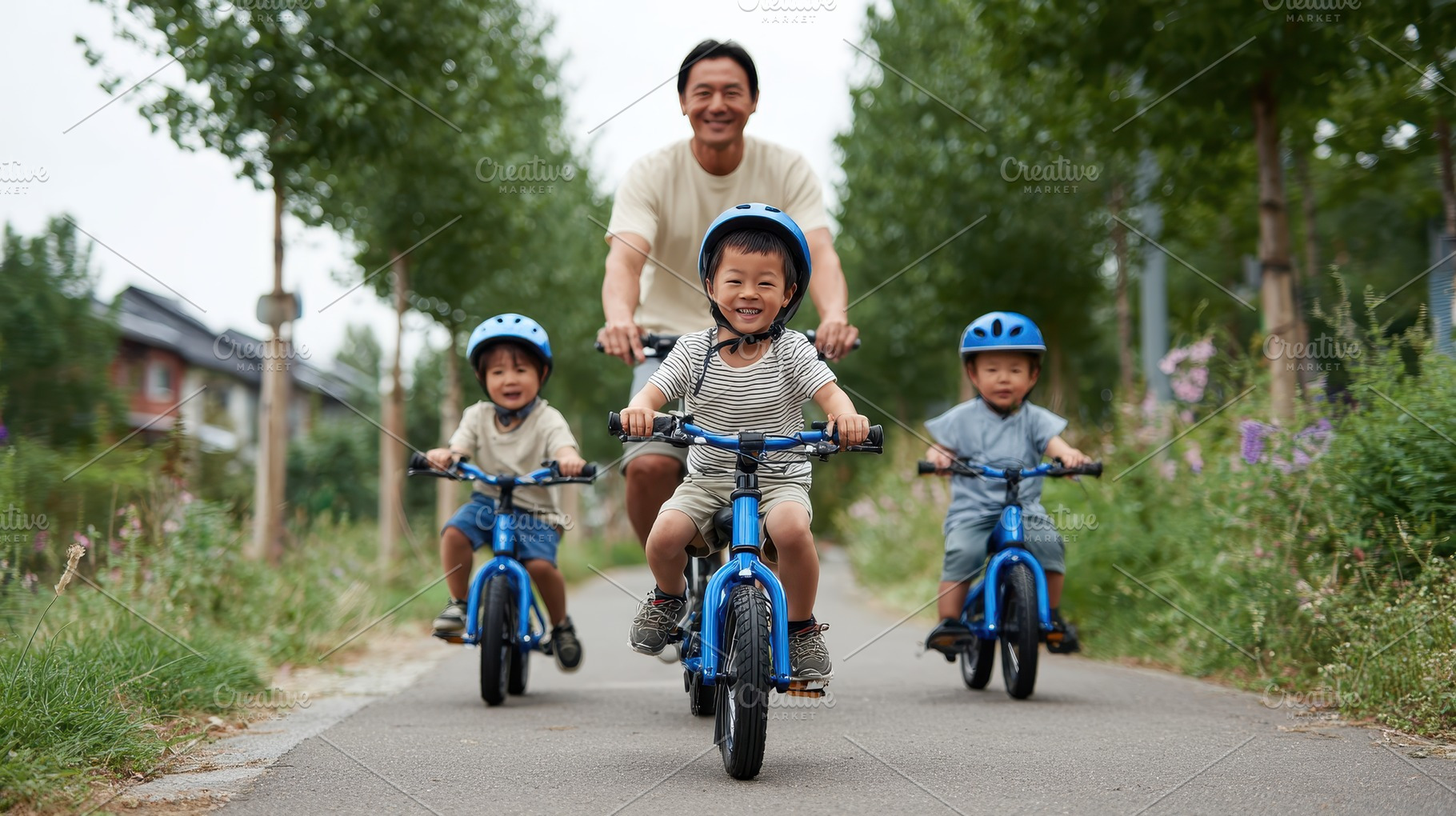 Happy family biking outdoors smiling, a Photo by Pixeness Studio