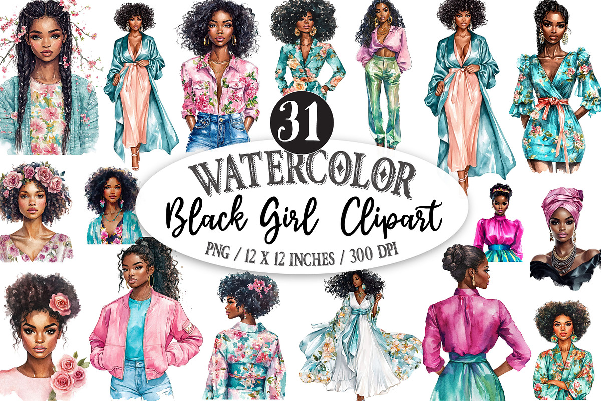 Black Girl Watercolor Sublimation, a Seasonal Illustration by Designking (Photo 1 of 5)